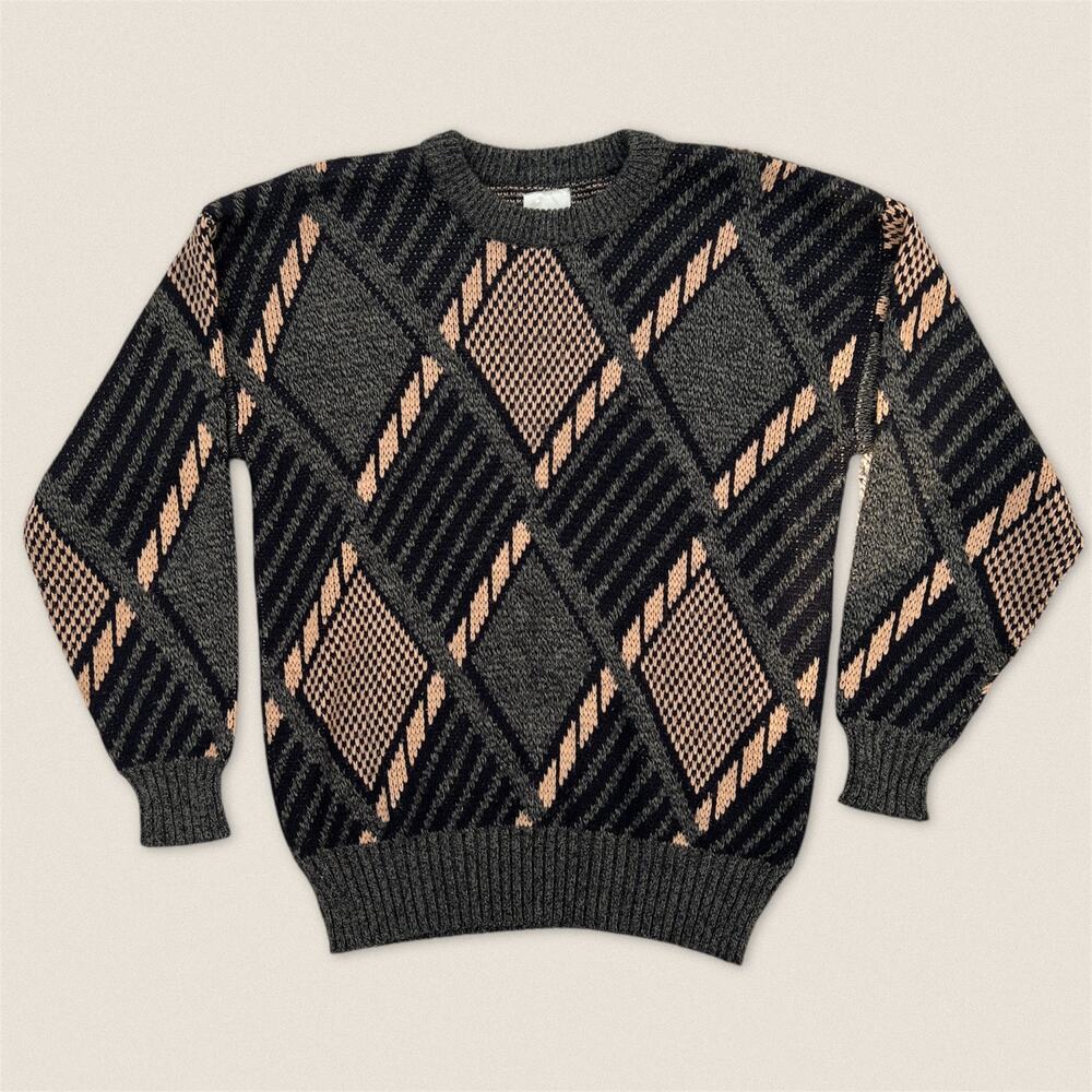 Vintage 90s Green Tan Argyle Diamond Pattern Grandpa Sweater - Size Medium